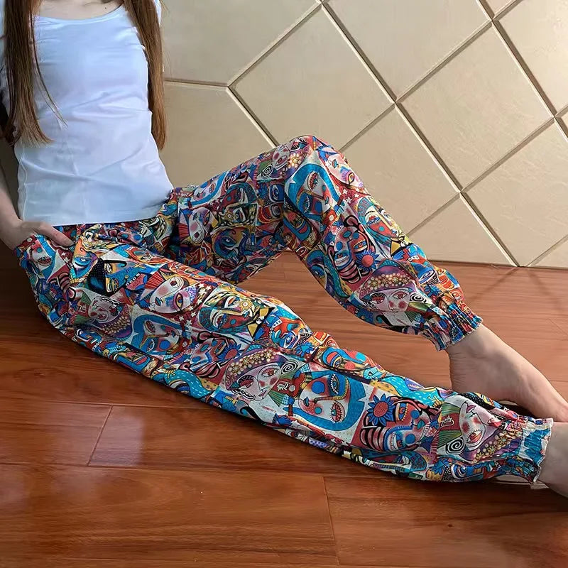Women's Casual Print Palazzo Pants, Loose Sleep Pyjama Pants, Wide Leg, Thin Shorts, Cropped Pants, Summer Outdoor, ouc1143