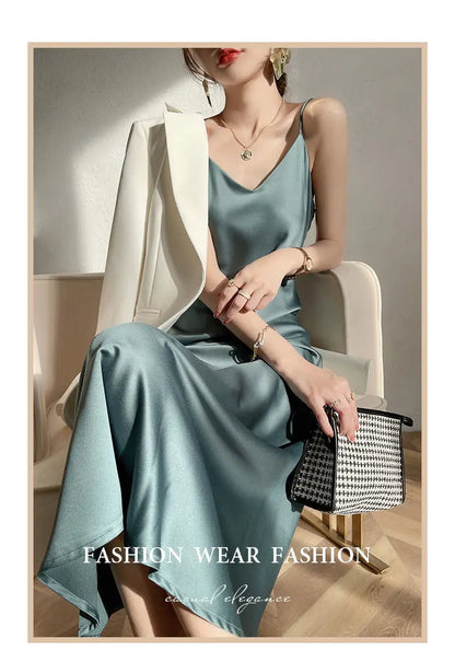 Vintage Satin Women's Dress Summer Sexy Spaghetti Strap Long Party Maxi Dresses Midi Robe Female Clothing