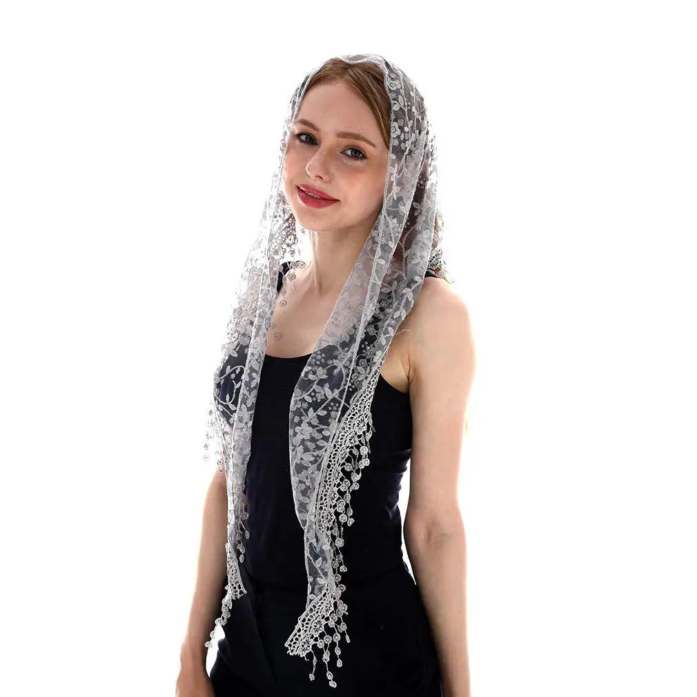 Embroidered Lace Scarf for Church Shawl Catholic Veil Church Scarf Sheer Floral Scarves Prayer Shawl Spanish Mantilla for Church