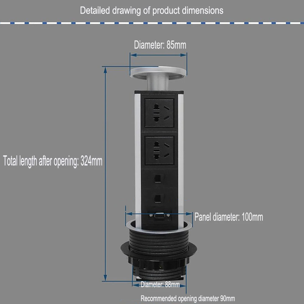 Pop up the socket; Embedded desktop socket; 3-digit AC power USB-A/C Supercharging PD 20W; Used for conference desks, kitchen an