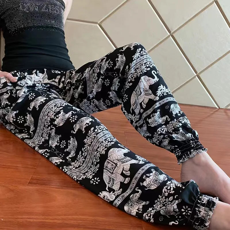 Women's Casual Print Palazzo Pants, Loose Sleep Pyjama Pants, Wide Leg, Thin Shorts, Cropped Pants, Summer Outdoor, ouc1143