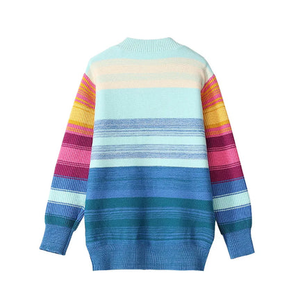Oversized Sweater Women 2025 Fashion Rainbow Striped Embroidered Letters Knitted Pullovers Loose Casual Streetwear Tops C-119