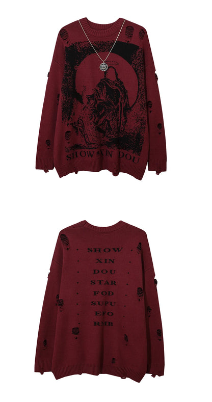 With Necklace Ripped Oversized Sweaters Frayed Knitted Black Goth Men Y2k Grunge Women Vintage Sweater Harajuku Tops Pullovers