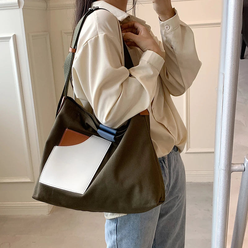 Large Capacity Canvas Tote Bags for Women 2021 New Contrast Color Bucket Travel Bag Simple Fashion Girl's Shopper Shoulder Totes