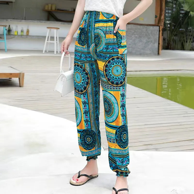 Women's Casual Print Palazzo Pants, Loose Sleep Pyjama Pants, Wide Leg, Thin Shorts, Cropped Pants, Summer Outdoor, ouc1143