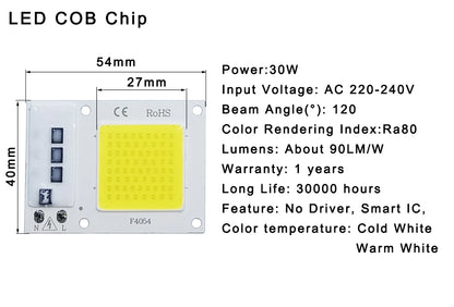 LED Chip 10W 20W 30W 50W COB Chip LED Lamp 220V 240V No Need Driver for Flood Light Spotlight Lampada DIY Lighting