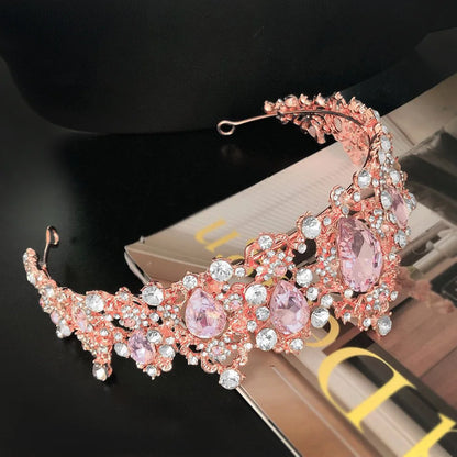 KMVEXO Tiaras Wedding Crown Bridal Hair Accessories Luxury Baroque Crystal Pink Queen Crown Women Adult Gift Party Hair Jewelry