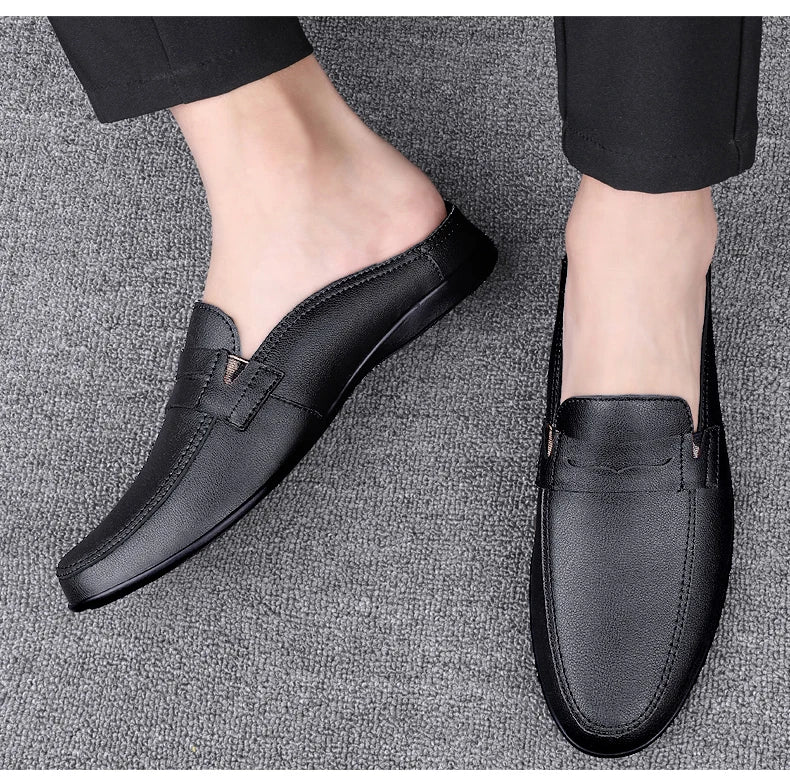 Quality Men Slippers Leather Men Mules Half Shoe Loafers Moccasins Outdoor Non-slip Black Beach Sandals Slides Zapato Hombre