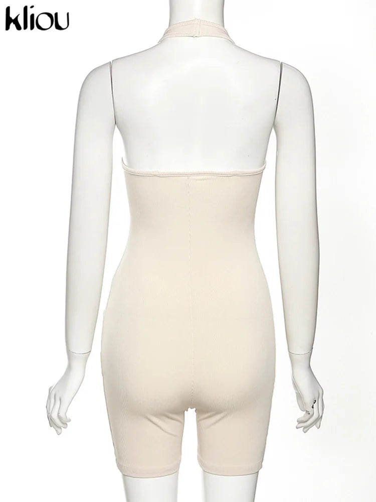 Kliou Striped Sporty Workout Halter Rompers Women Casual Active Wear Backless Sleeveless Playsuit Athleisure Biker Playsuits