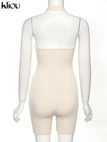 Kliou Striped Sporty Workout Halter Rompers Women Casual Active Wear Backless Sleeveless Playsuit Athleisure Biker Playsuits