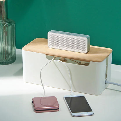 Cable Box With Wooden Cover Power Strip Wire Case Charger Socket Desktop Organizer Line Storage Box Power Board Wire Management
