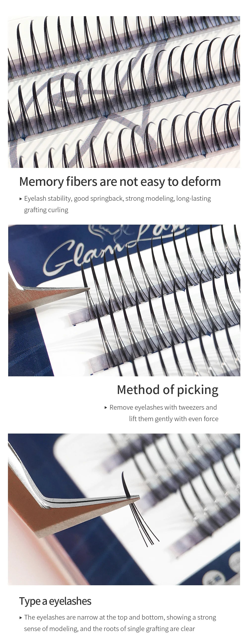 GLAMLASH A/M Natural Cluster Fishtail Type Dovetail Eyelash Extension Premade Volume False Grafted Thick Spikes Lash Soft Makeup