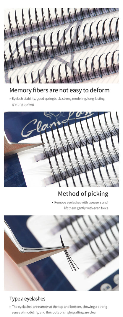 GLAMLASH A/M Natural Cluster Fishtail Type Dovetail Eyelash Extension Premade Volume False Grafted Thick Spikes Lash Soft Makeup