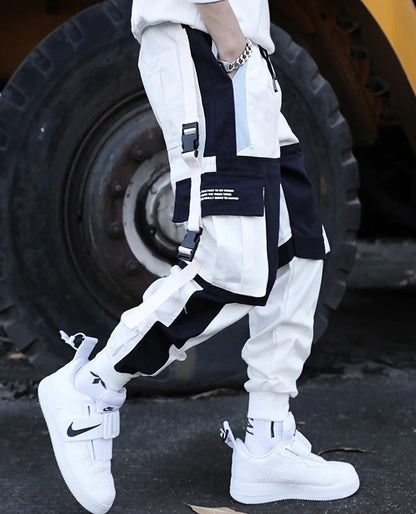 Joggers Cargo Pants for Men Casual Hip Hop Hit Color Pocket Male Trousers Sweatpants Streetwear Ribbons Techwear Pants