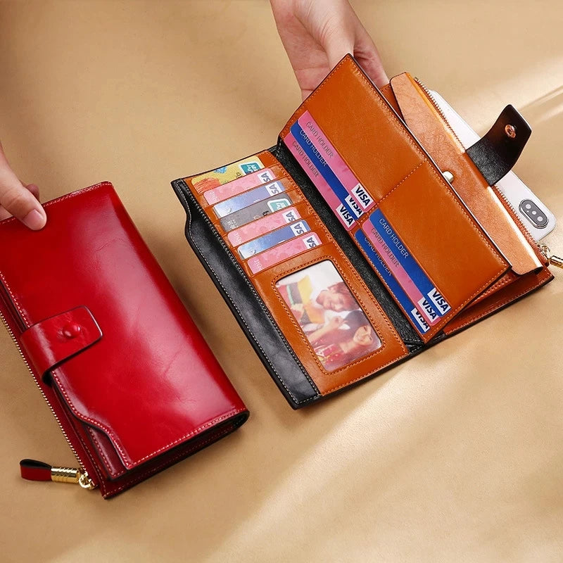RFID Blocking 100% Genuine Leather Women Wallet Long Lady Purse Brand Design Luxury Bag Oil Wax Card Holder Female Coin Clips