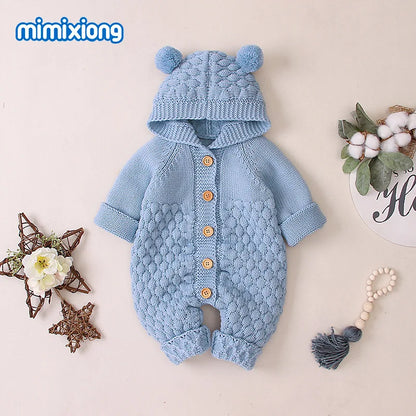 Baby Girls Bear Ear Knit Romper Boys Hooded Newborn Sweater Kids Jumpsuit  Babys Outfit Autumn Winter
