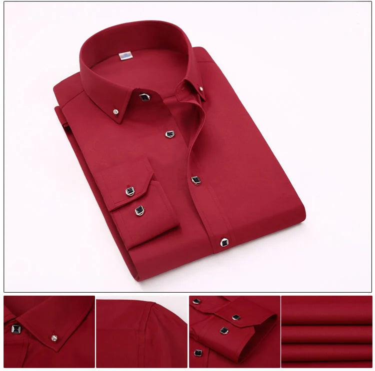 High Quality Men's Long Sleeve Shirt Dress Casual Solid Color Routine Fit Design Business Male Social Shirts White Blue Black