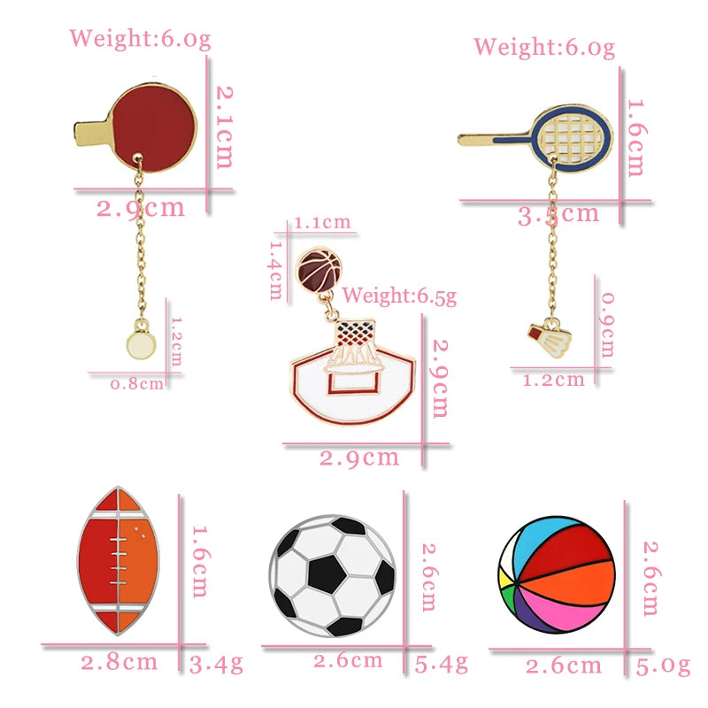 Sports Ball Series Brooch Soccer Basketball Ping Pong Enamel Pin with Chain Cartoon Fashion Accessories Denim Badge Jewelry Gift