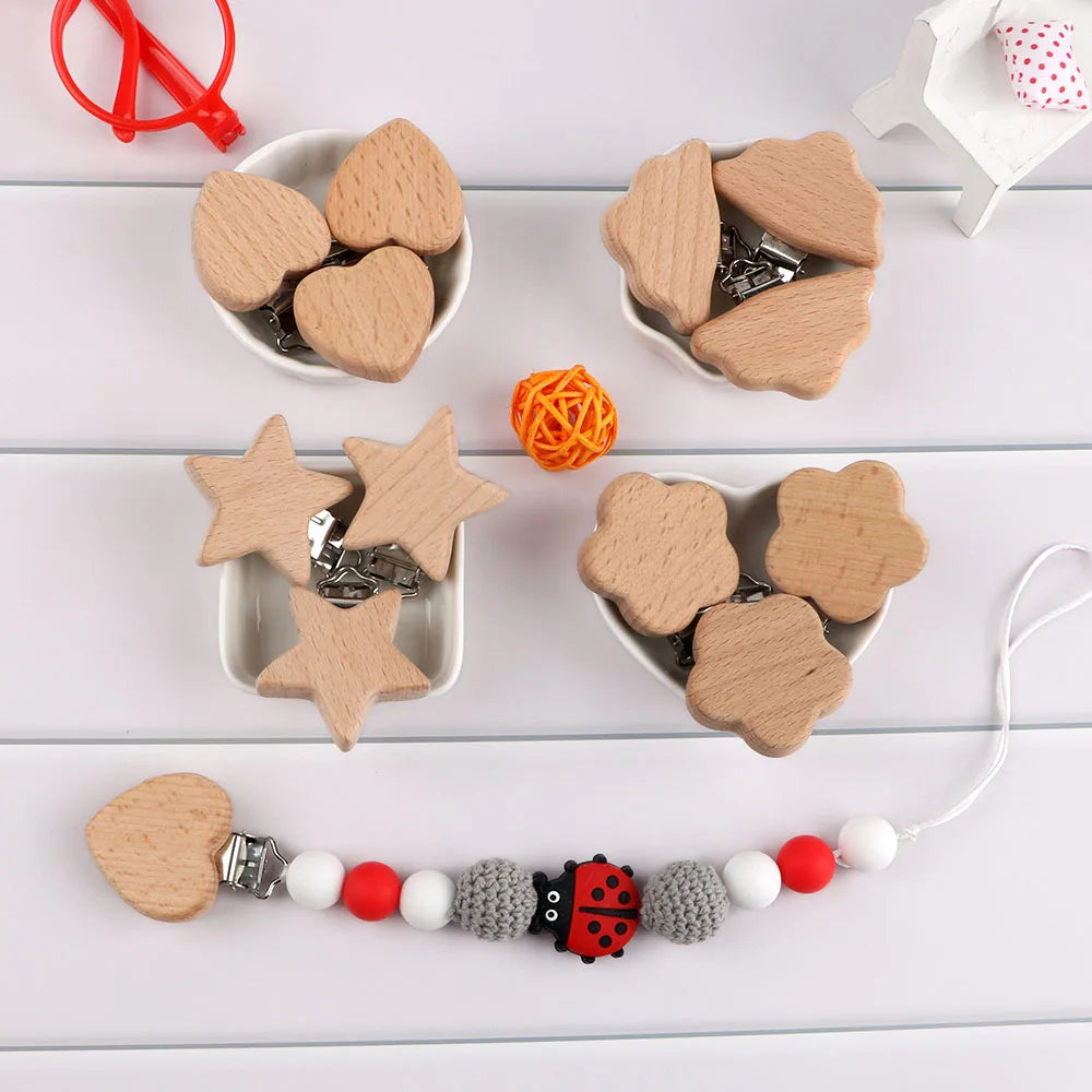 Kovict 5Pcs 19 Styles Beech Wooden Clips Metal Bracket DIY Pacifier Chain Handmade Crafts Accessories
