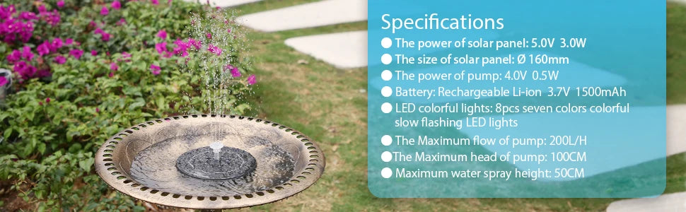 1.5W Solar Fountain Pump, with 6 nozzles Solar Bird Bath Fountain, Water Pump Floating Fountains Suitable for Ponds