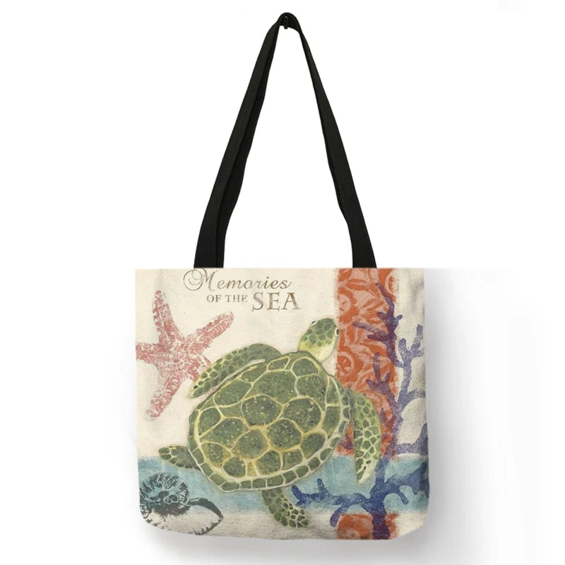 Casual Leisure Totes Bag Women Handbag Marine Animal Sea Turtle Horse Octopus Print Travel Shopping Shoulder Bags for Groceries