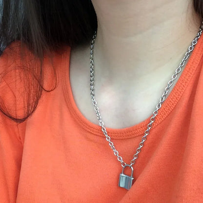 Stainless Steel Silver Color Pad Lock Pendant Long Necklace Brand New Rolo Cable Chain Necklace Women Collar  Jewelry  Choker