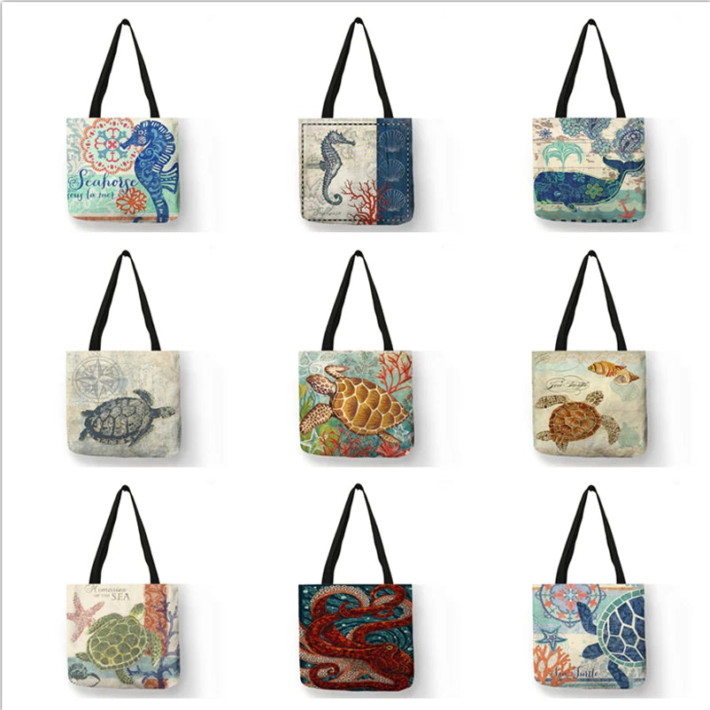 Casual Leisure Totes Bag Women Handbag Marine Animal Sea Turtle Horse Octopus Print Travel Shopping Shoulder Bags for Groceries