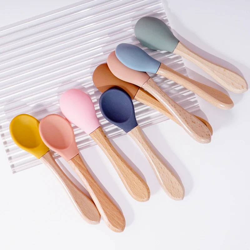 Feeding Wooden Handle Silicone Spoon For Baby Utensils Eat Soild Food Kids Training Manipulative Ability Children's Tableware