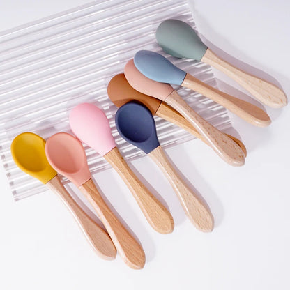 Feeding Wooden Handle Silicone Spoon For Baby Utensils Eat Soild Food Kids Training Manipulative Ability Children's Tableware