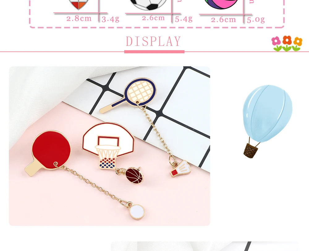 Sports Ball Series Brooch Soccer Basketball Ping Pong Enamel Pin with Chain Cartoon Fashion Accessories Denim Badge Jewelry Gift