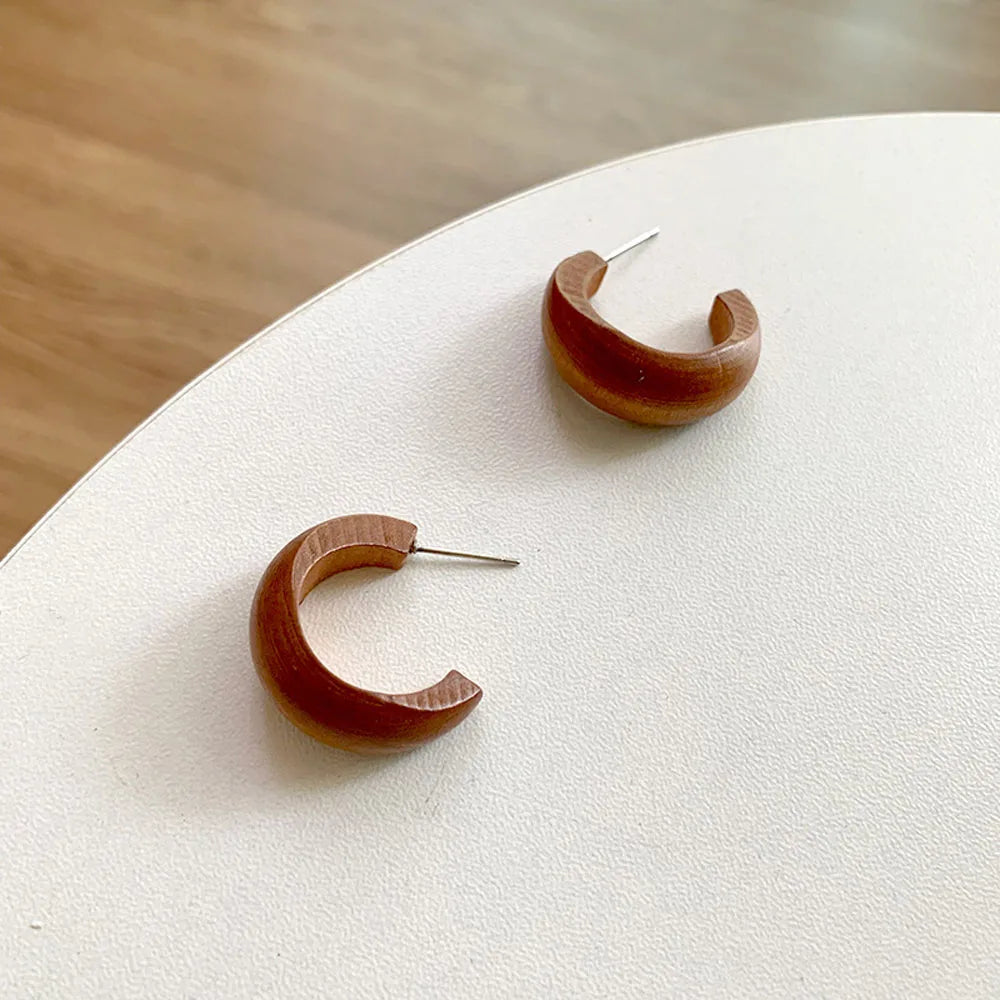 Cute Matte Wooden Earrings Geometric C-Stye Statement Vintage Big Circle Wood Ear Ring Fashion Jewelry Gift