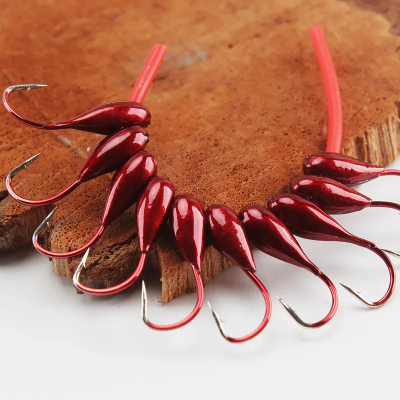 Fishing Overturned Hook 45 Degree Inclined Hole Through Traditional Barbed Hooks Red Worm Jig Head Lot 10 Pieces Sale