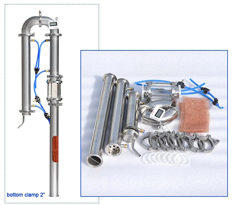 Copper Mesh Tube Distillation Tower with Sight Glass Bottom Clamp, Household Brewing Equipment, Brandy Vodka, 1.5 ", 2"