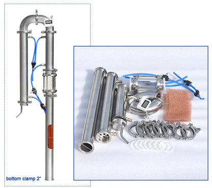 Copper Mesh Tube Distillation Tower with Sight Glass Bottom Clamp, Household Brewing Equipment, Brandy Vodka, 1.5 ", 2"