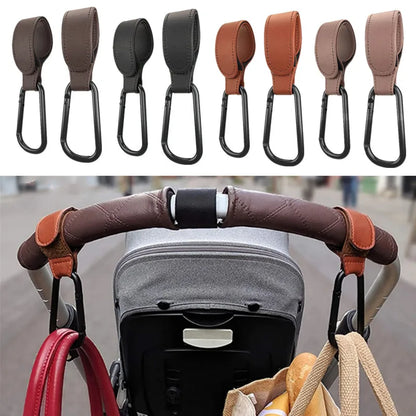 1/2pcs Portable PU Leather Baby Stroller Hook Hanger Velcros Pram Hook Carabiner Cart Organizer Clip for Stroller Accessories