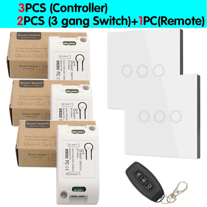 Smart Home Touch Light Switch Led Wireless 86*86 Remote on Off Wall Switch AC 110V 220V 10A Receiver 1/2/3gang for Ceiling Lamp