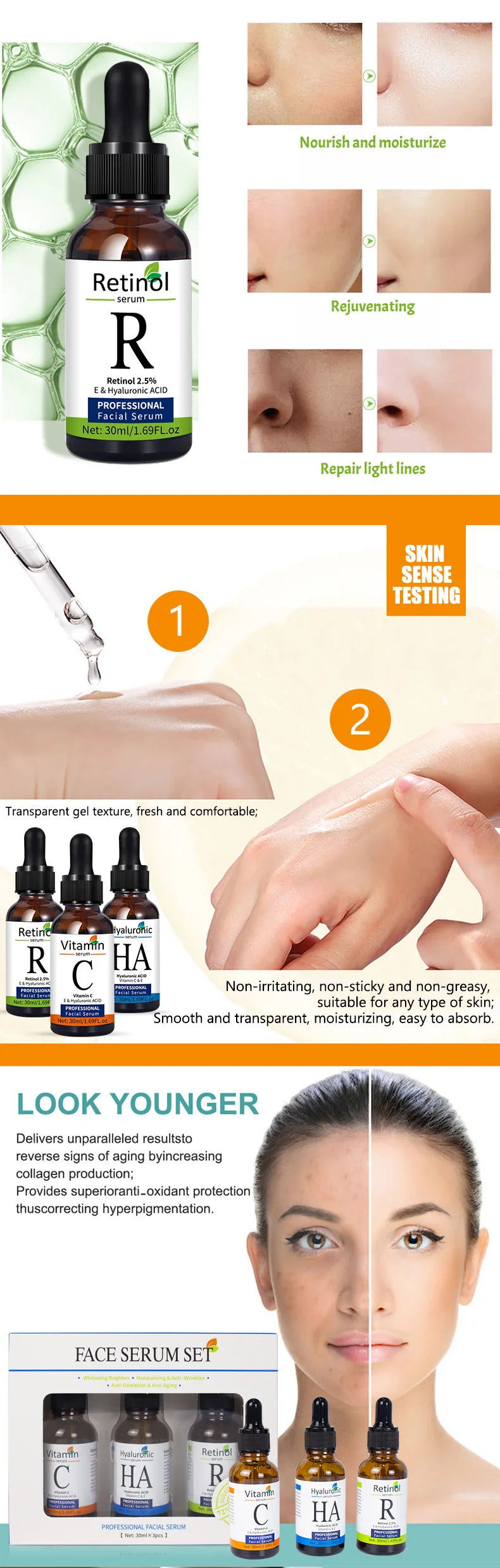 Facial Serums Skin Care Set  Moisturizing Retinol +Hyaluronic Acid + Vitamin C Serum Brightening Firming, & Hydrating Face Serum