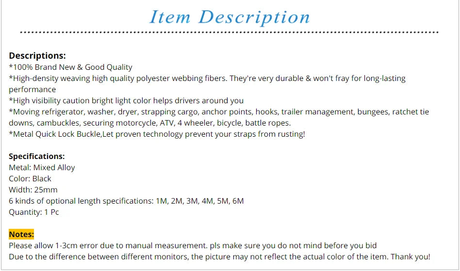 New 6M*25mm Black Tie Down Strap Strong Ratchet Belt Luggage Bag Cargo Lashing With Metal Buckle Dropshipping