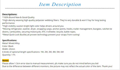 New 6M*25mm Black Tie Down Strap Strong Ratchet Belt Luggage Bag Cargo Lashing With Metal Buckle Dropshipping