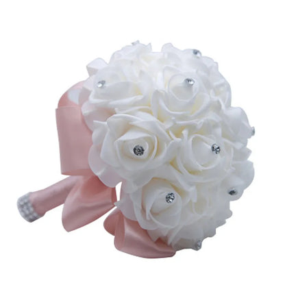 rosa flor Beautiful White Ivory Bridal Bridesmaid Flower Wedding Bouquet Artificial Flower Rose Bouquet Crystal Bridal Bouquets