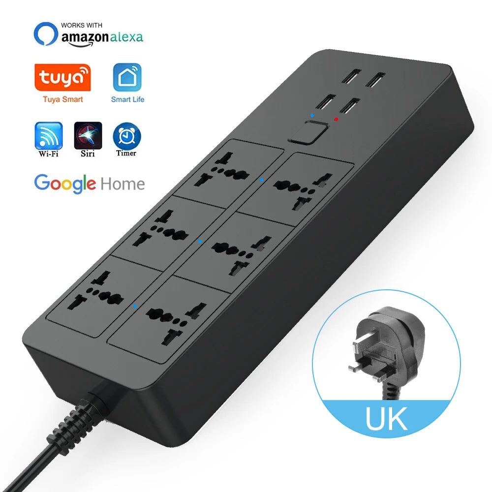 Smart Power Strip WIFI  Universal with 5V3.1A Alexa Googlehome Bluetooth Control Multi Plug 6AC 4USB Voice Contro UK/EU/US/AU
