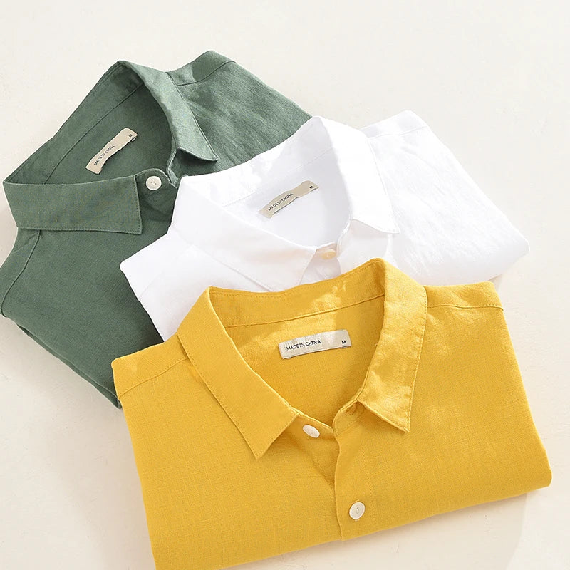 100% Linen new brand Italy casual solid shirt men fashion comfortable yellow shirts men chemise camisa tops mens clothes
