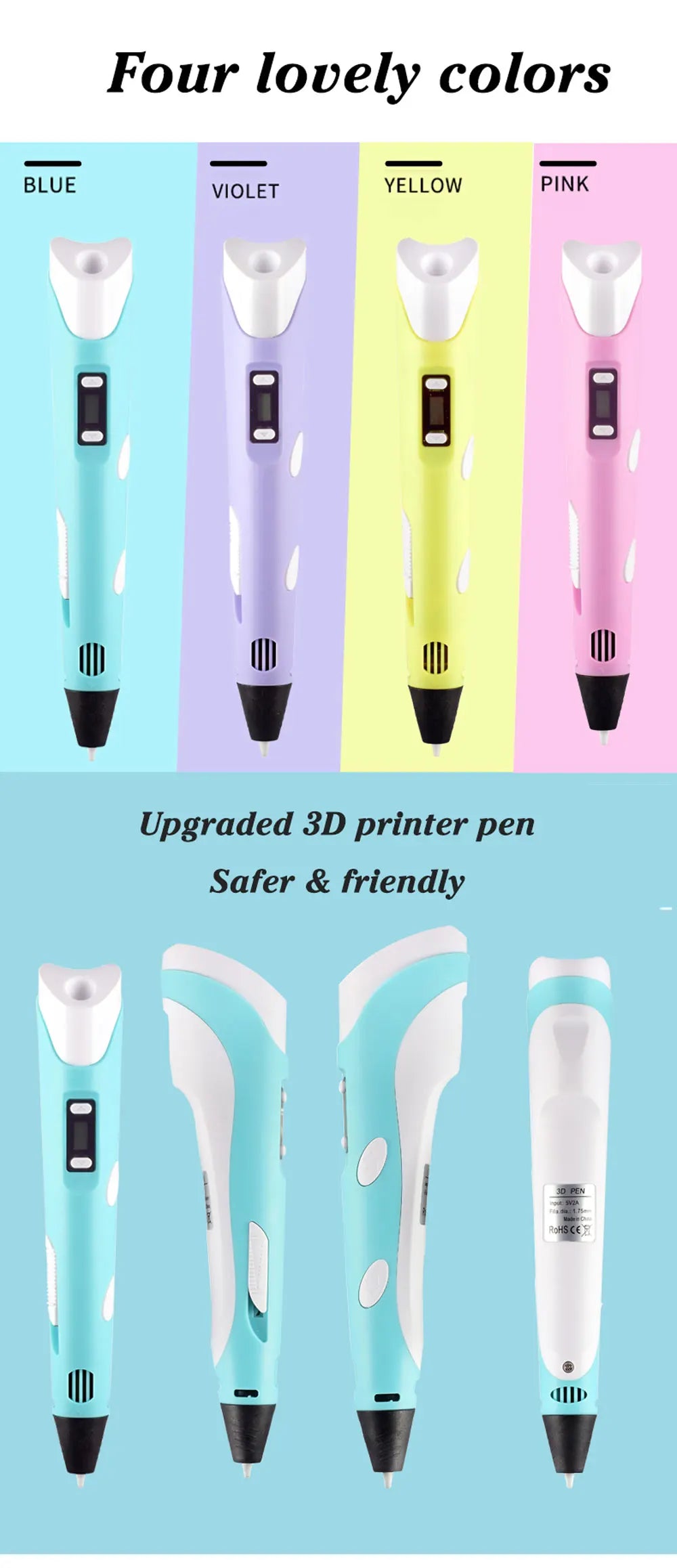 3D Pen 3d Printing Pen DIY Drawing Pens PLA Filament With USB PU Travel Case Birthday Christmas Gift For Kids Children