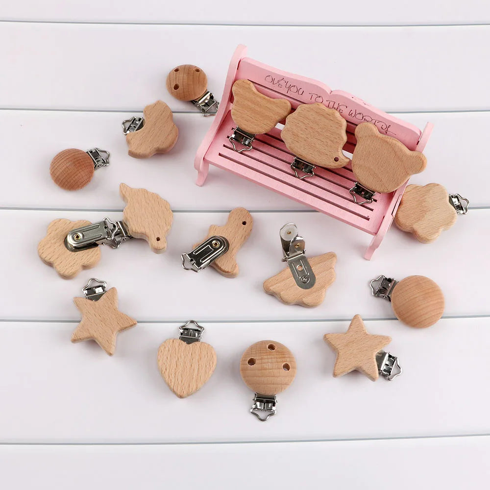 Kovict 5Pcs 19 Styles Beech Wooden Clips Metal Bracket DIY Pacifier Chain Handmade Crafts Accessories