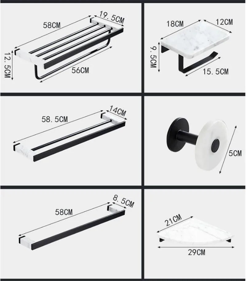 Bathroom Accessories Set Black Bathroom Shelf,Towel Rack,Towel Hanger Paper holder,Toilet Brush Holder Marble & Brass