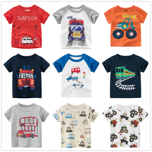 Baby Boys Clothes T-Shirts for 1 2 3 4 5 6 7 8 Years 100% Cotton Short Sleeve Car Bus Fire Truck Cartoon  Kids Summer Clothing