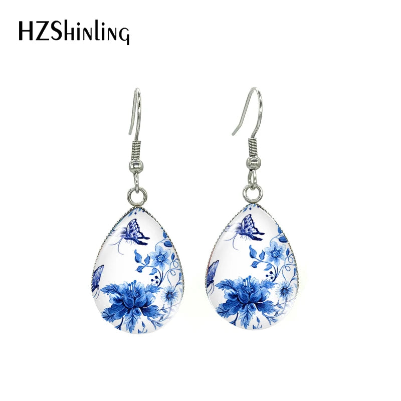 2021 Blue Floral Paintings Glass Cabochon Tear Drop Dangle Hook Earrings Handmade Crafts Jewelry
