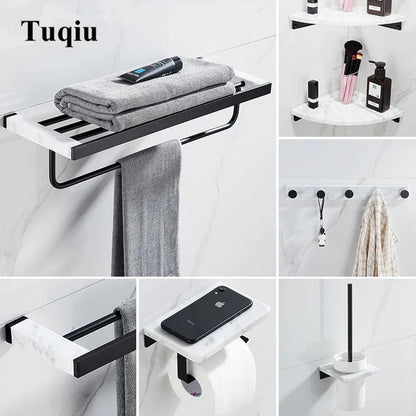 Bathroom Accessories Set Black Bathroom Shelf,Towel Rack,Towel Hanger Paper holder,Toilet Brush Holder Marble & Brass
