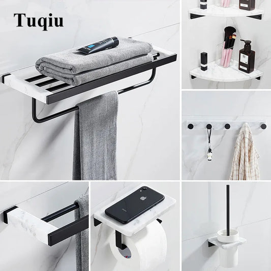 Bathroom Accessories Set Black Bathroom Shelf,Towel Rack,Towel Hanger Paper holder,Toilet Brush Holder Marble & Brass