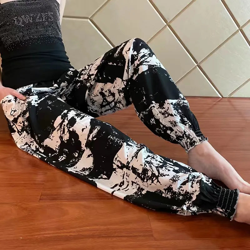 Women's Casual Print Palazzo Pants, Loose Sleep Pyjama Pants, Wide Leg, Thin Shorts, Cropped Pants, Summer Outdoor, ouc1143